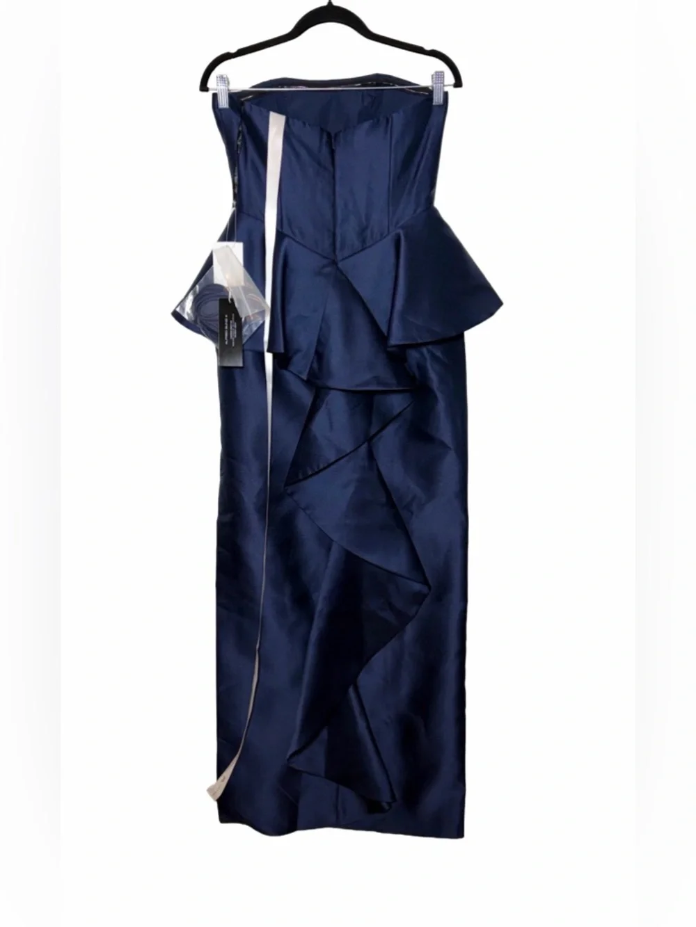 NWT Alfred Sung Strapless Ruffle Peplum Satin Column Gown in Midnight Navy, 2R - Picture 6 of 15